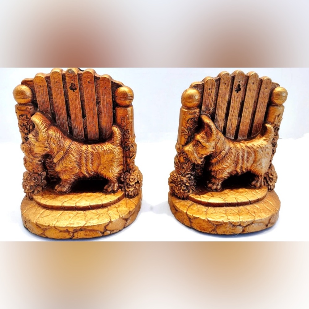 Vintage 1930s Scottie Dog Bookend Set Molded Gilded Relief 3D Sculptures Gold